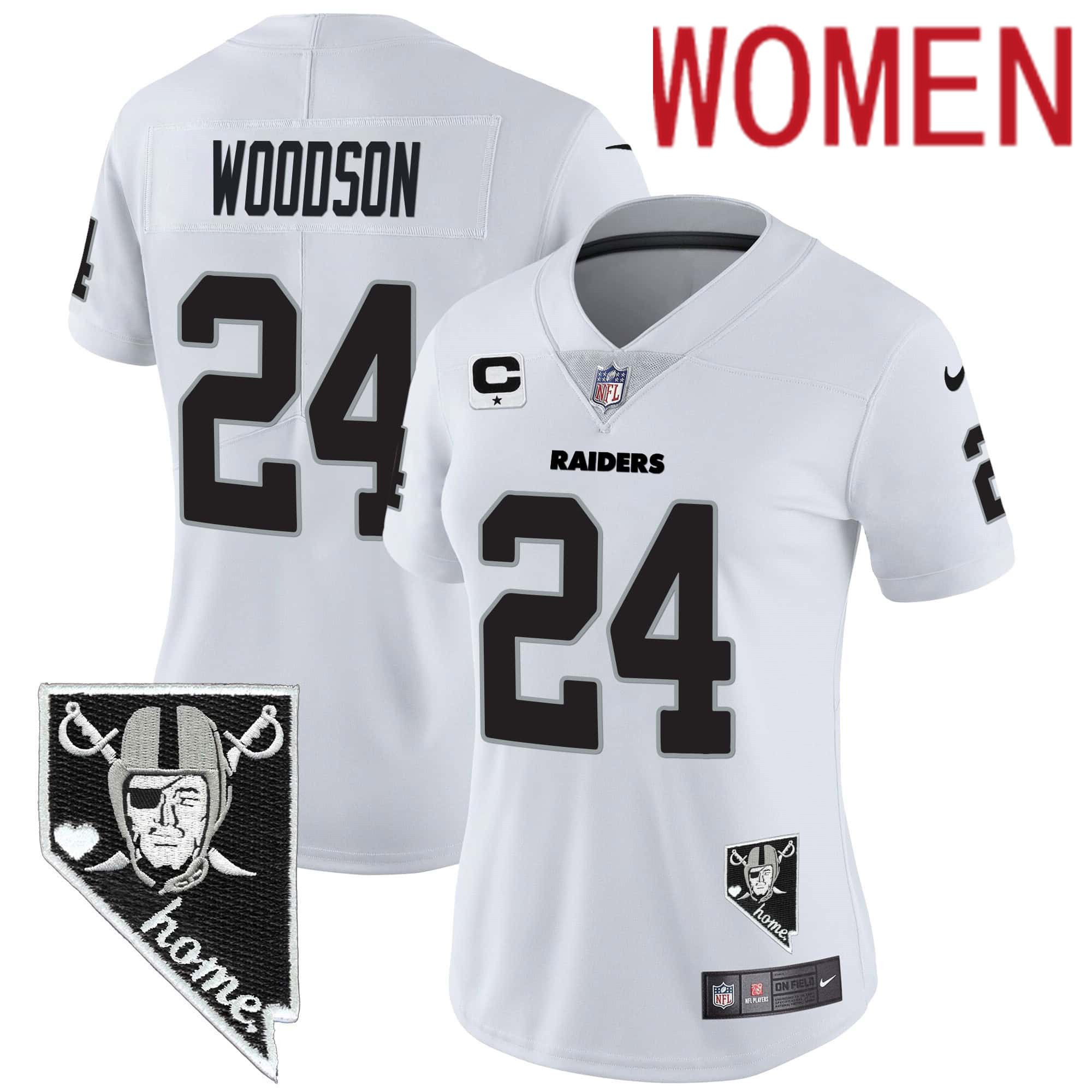 Women Oakland Raiders 24 Woodson White 2024 Nike Nevada Home Patch Vapor NFL Jersey